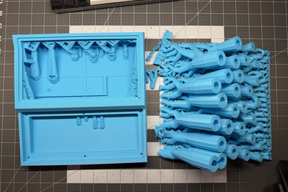 Blue 3D-printed case and support material