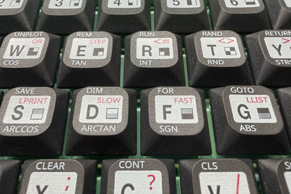 Close-up of UV-printed keycaps showing ZX81/TS1000 legends